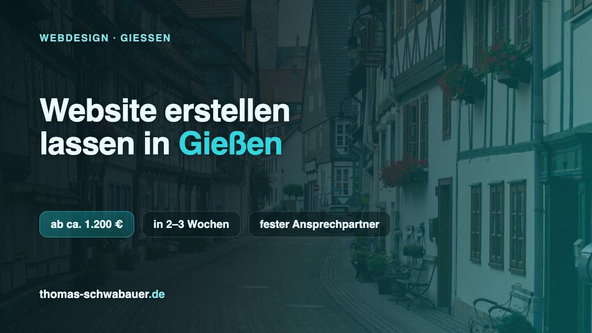 Blick in eine mittelhessische Fachwerk-Altstadtgasse, darüber ein Marken-Overlay mit dem Titel Website erstellen lassen Gießen