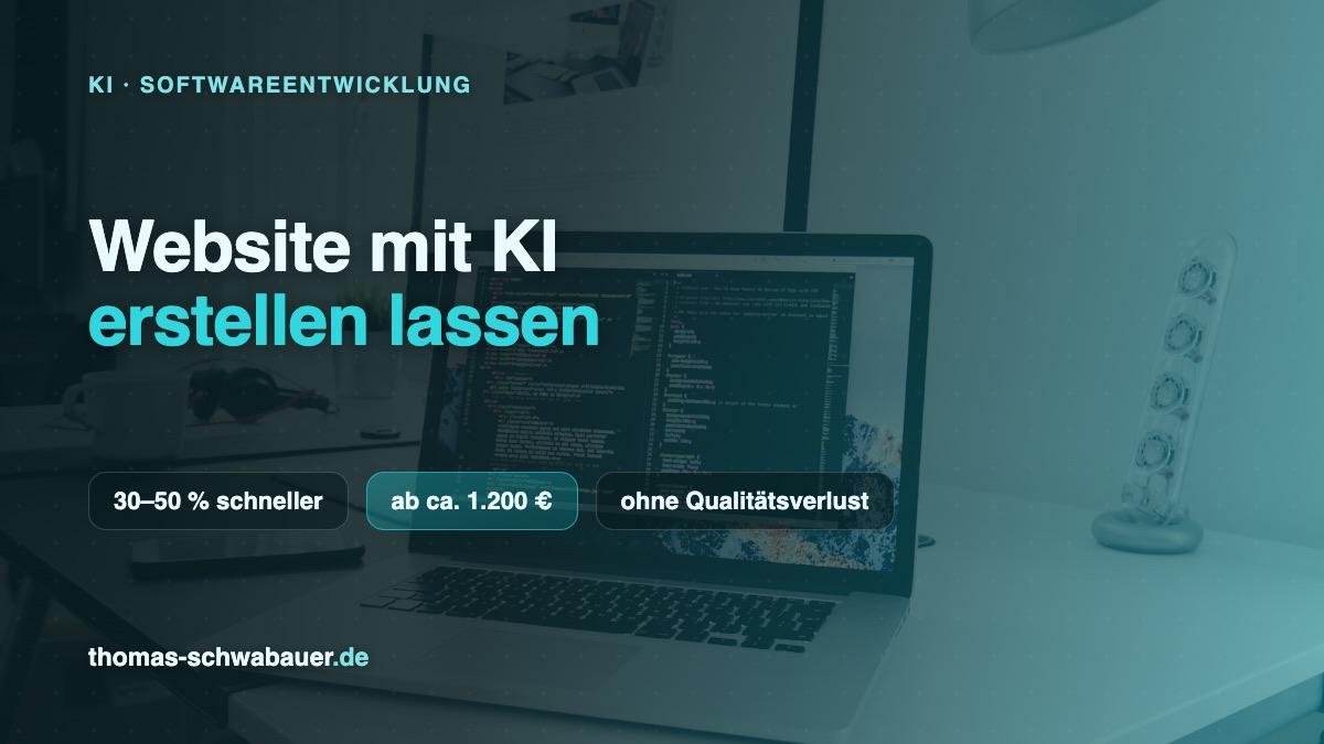 Entwickler-Arbeitsplatz mit Code-Editor und KI-Assistent – Titelbild „Website mit KI erstellen lassen“