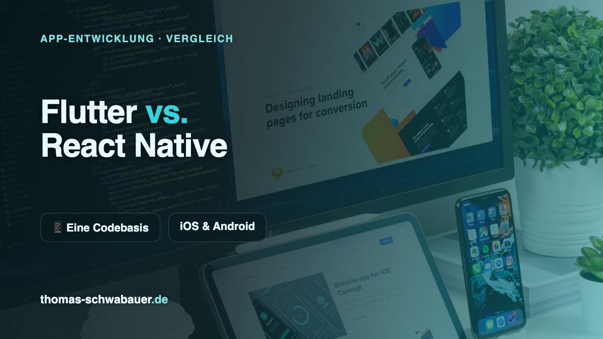 Entwickler-Arbeitsplatz mit Code auf dem Monitor sowie App-Designs auf Tablet und Smartphone