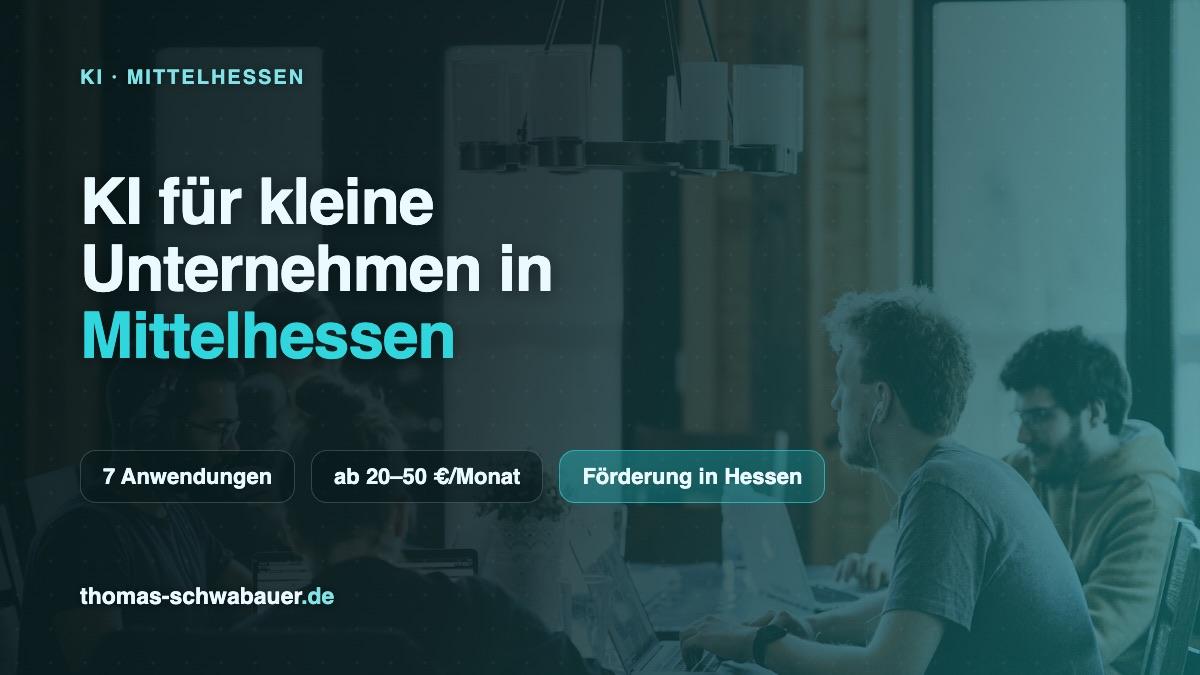Handwerker und Bürofachkraft in einem kleinen Betrieb, darüber ein Marken-Overlay mit dem Titel KI für kleine Unternehmen in Mittelhessen
