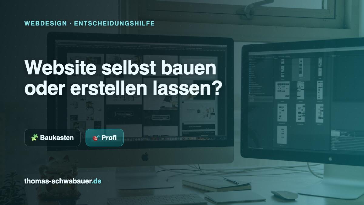 Webdesign-Arbeitsplatz mit Website-Layouts – Titelbild „Baukasten vs. Profi“